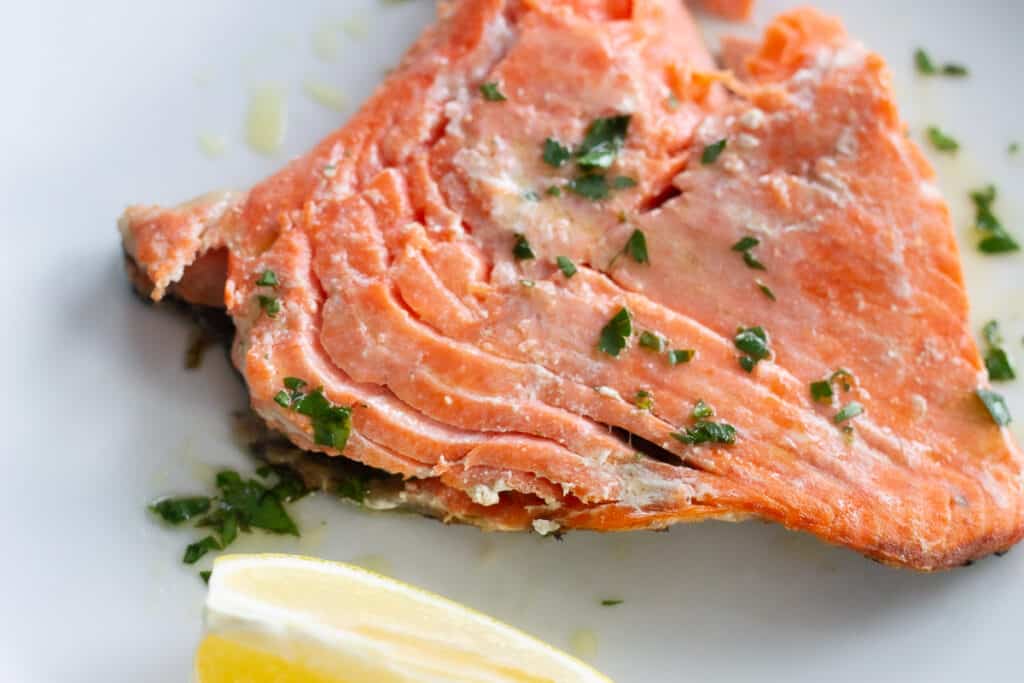 Flaky, baked sockeye salmon with lemon vinaigrette