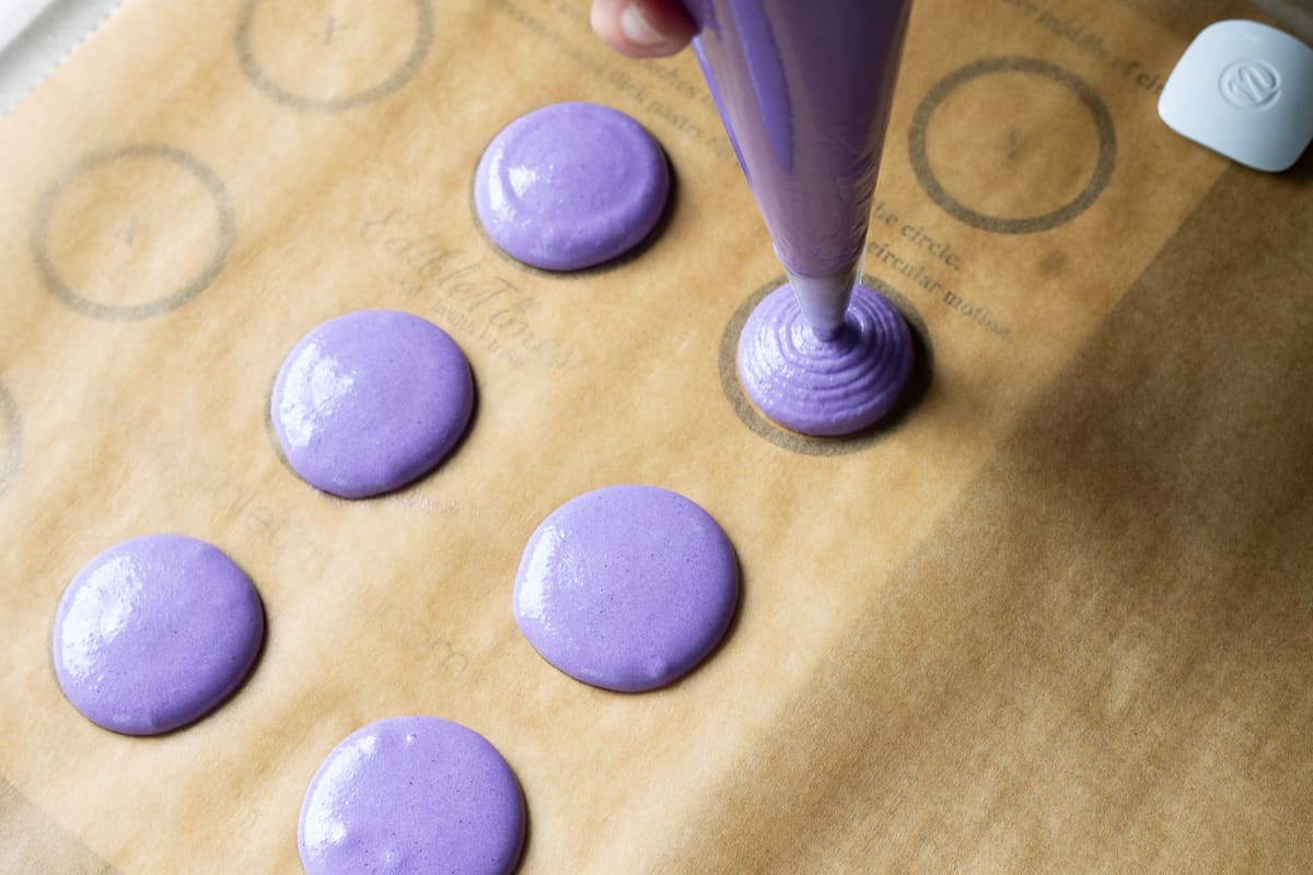 Overhead angle of hand piping rounds of macaron batter onto parchment paper with a macaron template underneath it.