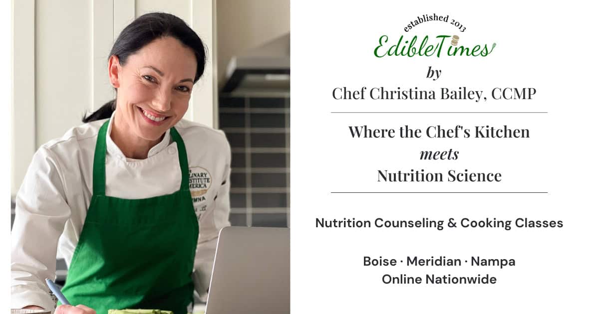 Chef Christina behind a counter with a cutting board and laptop offering nutrition counseling and cooking classes.